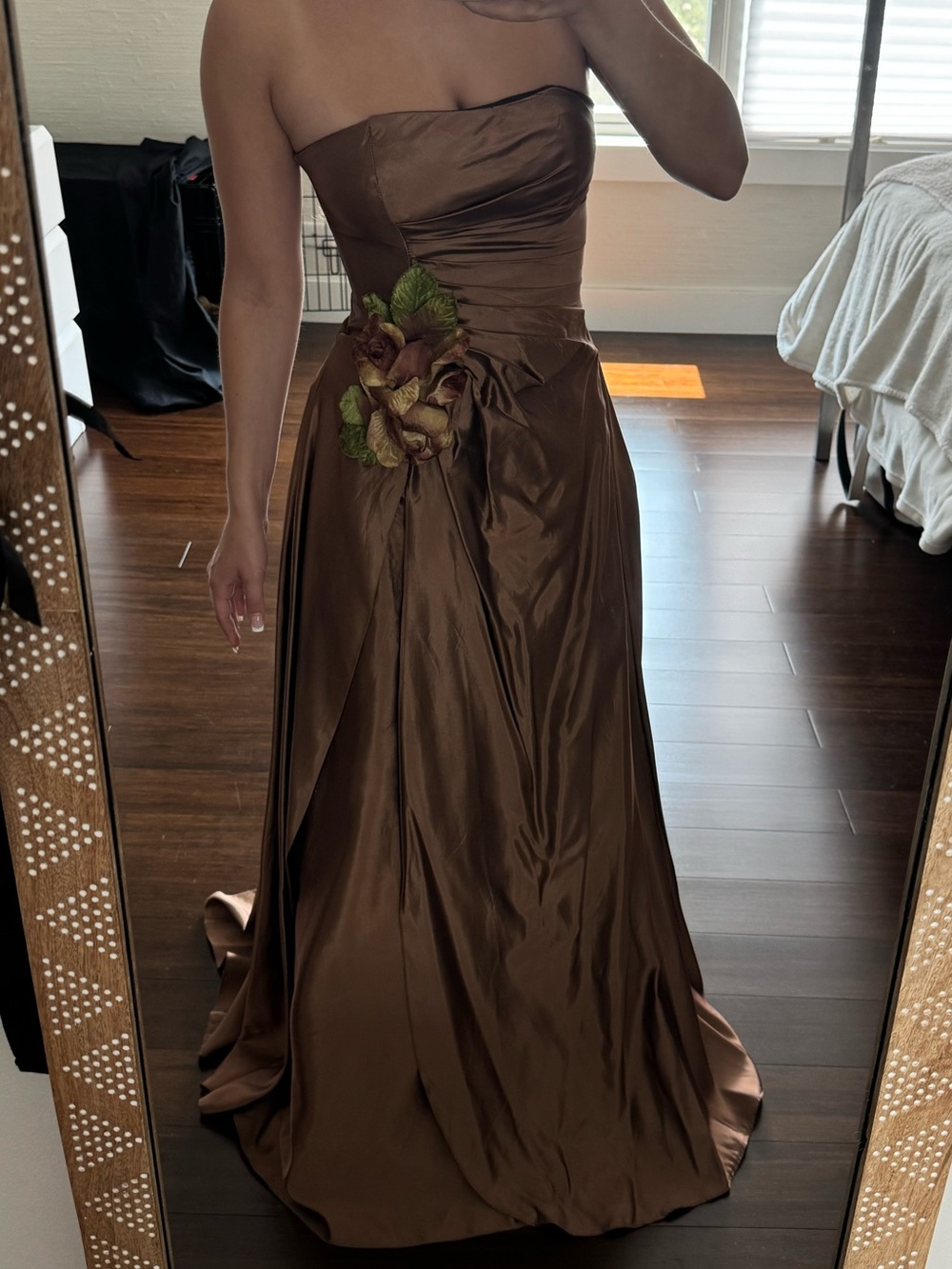 Jessica MACLINTOCK Strapless Satin Evening Gown w/ Velvet Floral Accent - Bronze - Picture 5 of 10